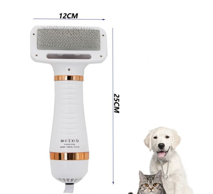 Pet grooming brush with dimensions and a dog and cat on a white background