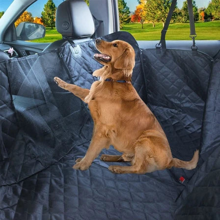 Dog sitting on a black car seat cover in a vehicle with a park outside.
