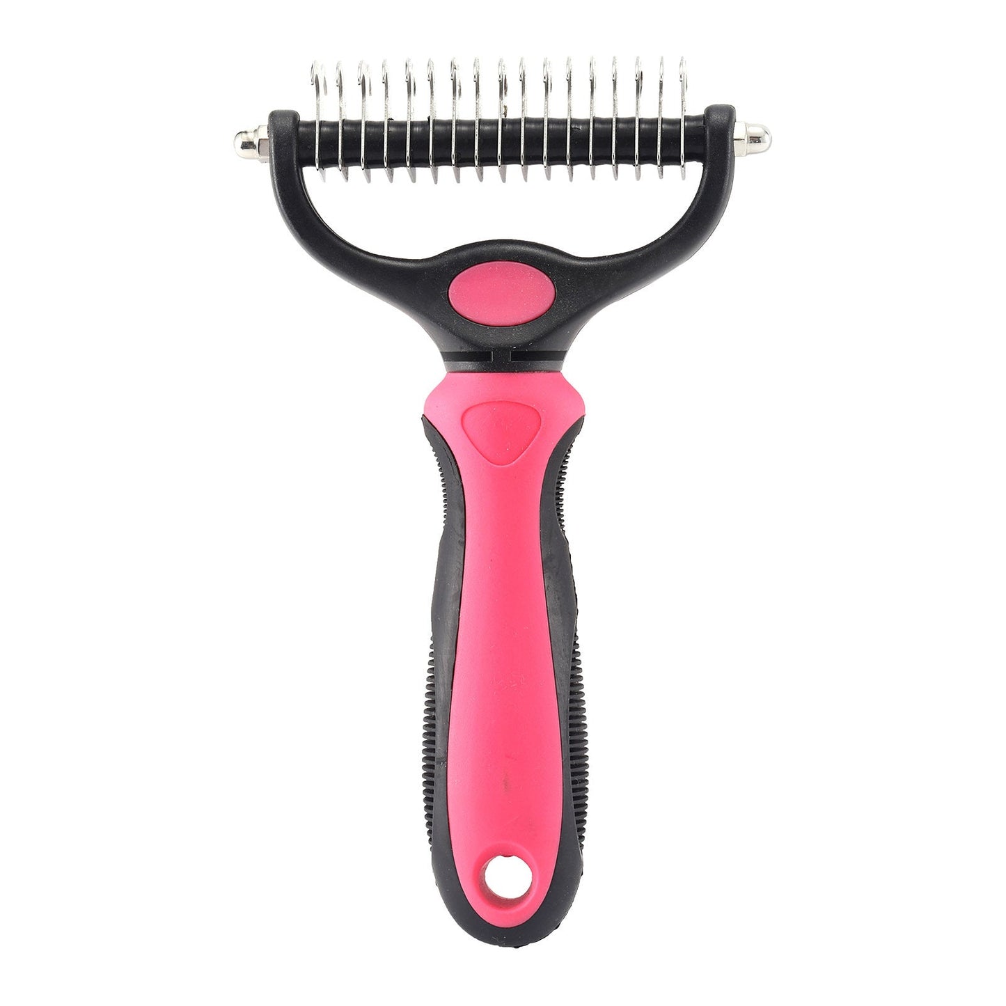 Pet grooming tool with pink handle and black body on a white background