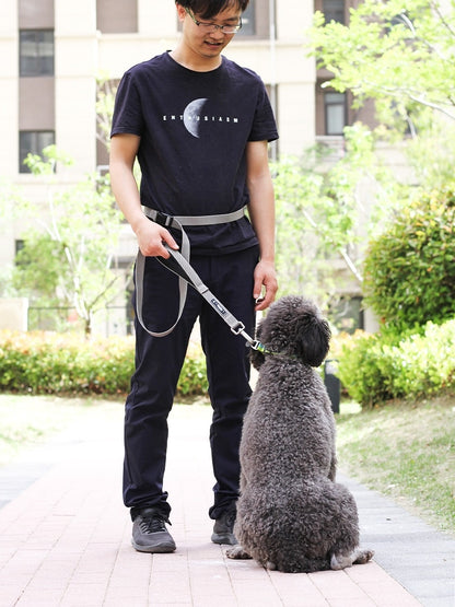 Man walking a dog on a leash in an outdoor setting