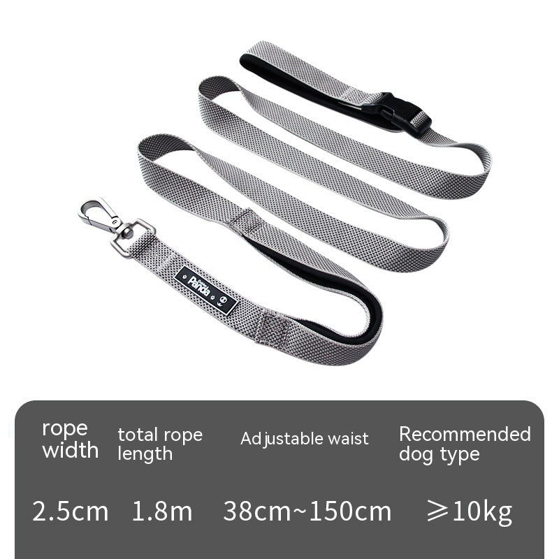 Dog leash with adjustable waist strap on a white background